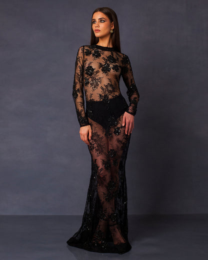 FLEUR NOIRE EMBROIDERED LONG DRESS