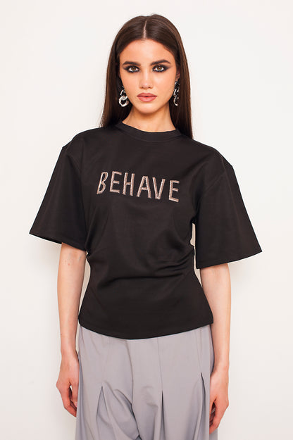 BEHAVE EMBROIDERED TEE