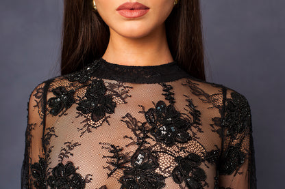 FLEUR NOIRE EMBROIDERED LONG DRESS