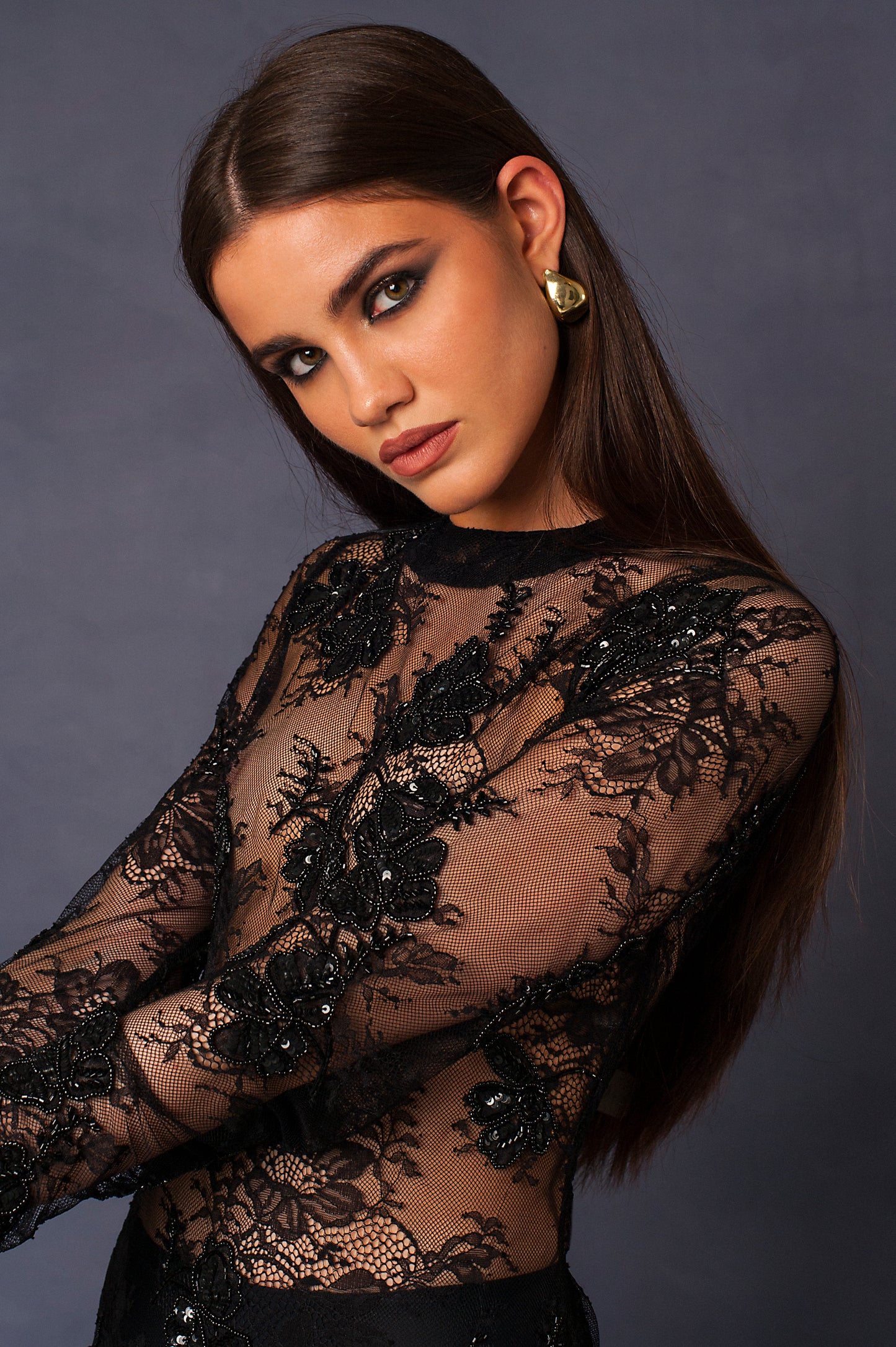 FLEUR NOIRE EMBROIDERED LONG DRESS