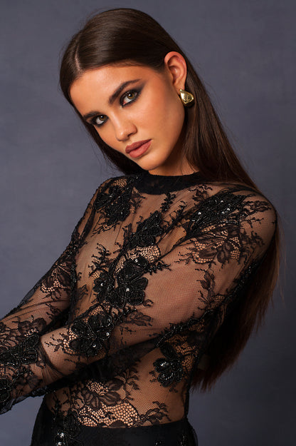 FLEUR NOIRE EMBROIDERED LONG DRESS