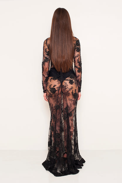 FLEUR NOIRE EMBROIDERED LONG DRESS
