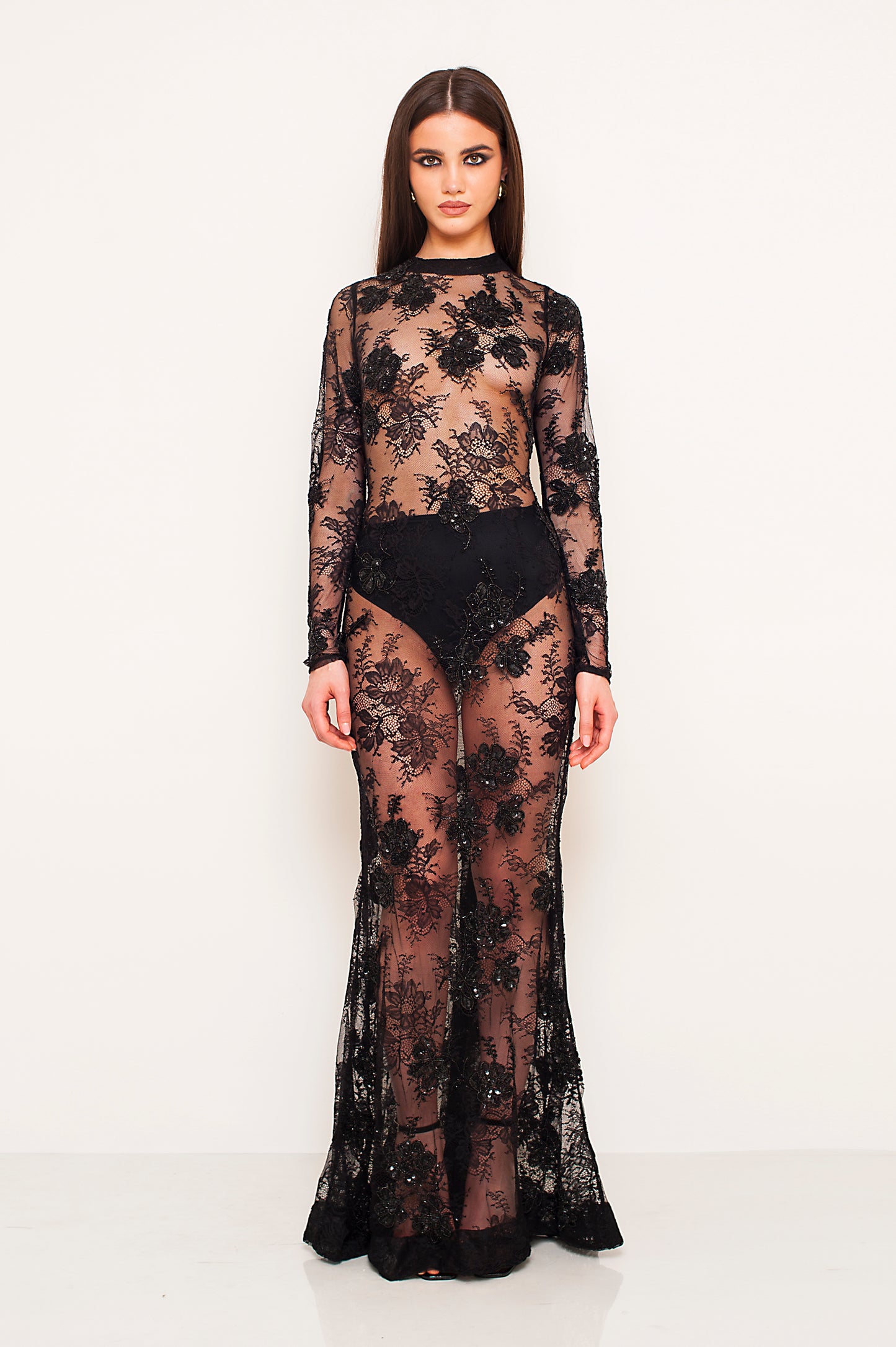 FLEUR NOIRE EMBROIDERED LONG DRESS