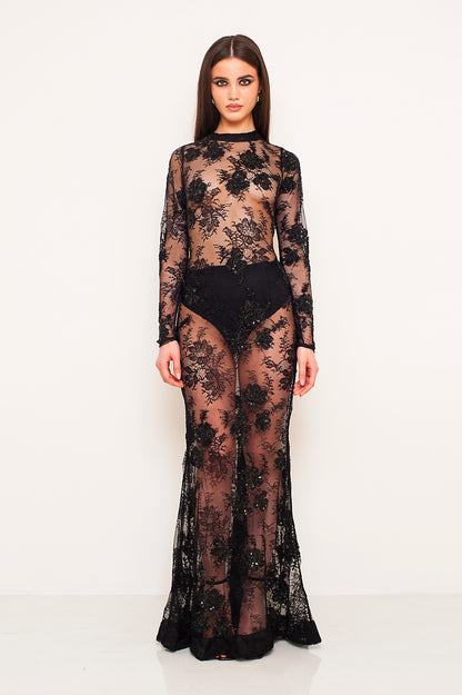 FLEUR NOIRE EMBROIDERED LONG DRESS