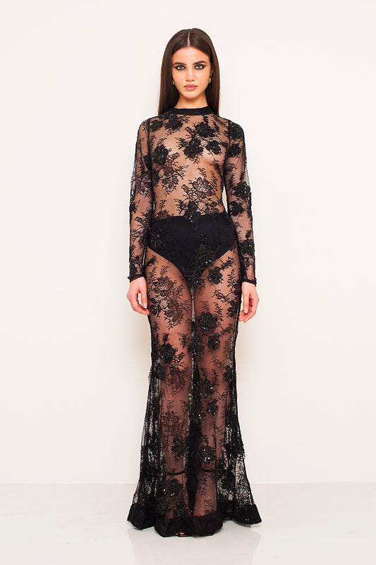 FLEUR NOIRE EMBROIDERED LONG DRESS